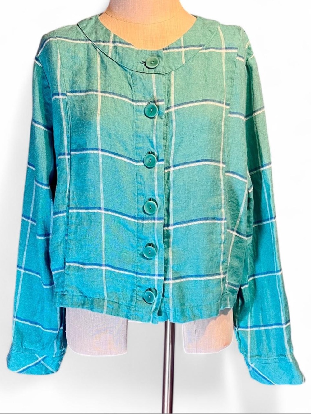 💠Flax Linen Plaid Turquoise Button Front Boxy Shacket Cardigan w Pockets